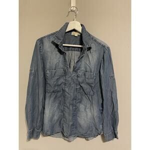 Cloth & Stone Anthropology Blue Denim 100% Tencel Button Down Shirt Size S Denim